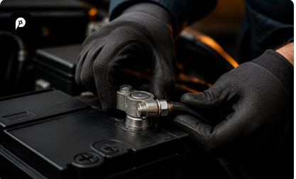 Gloved hands fitting a terminal clamp onto a car battery